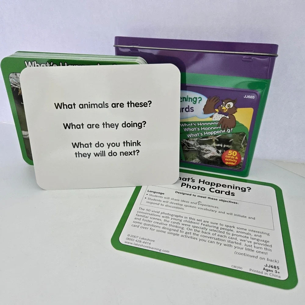 Lakeshore What's Happening? Photo Cards Kids Educational Discussion Prompts Tin